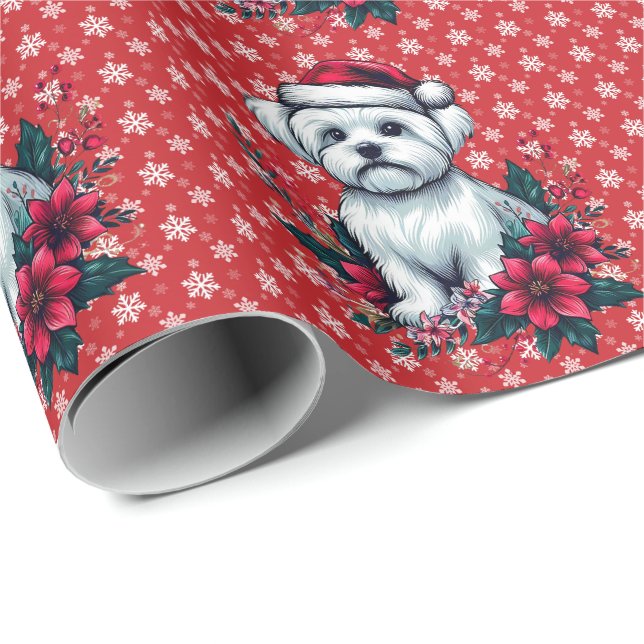 Floral festlicher maltesischer Hund mit Weihnachts Geschenkpapier (Rolleneckpunkt)