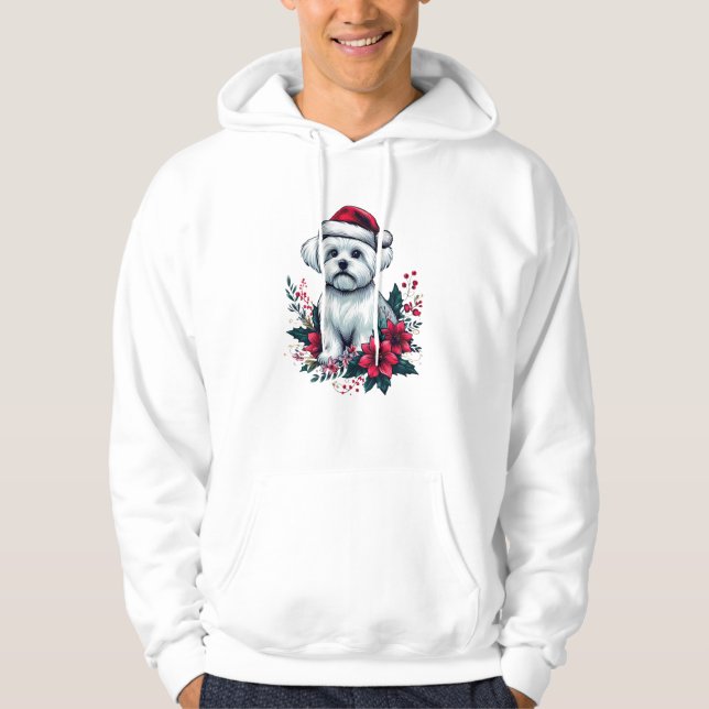 Floral festlicher maltesischer Hund mit Weihnachts Hoodie (Vorderseite)