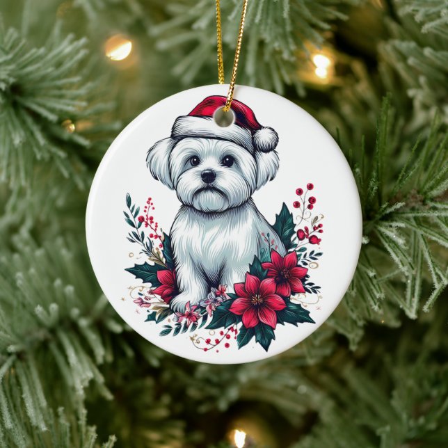 Floral festlicher maltesischer Hund mit Weihnachts Keramik Ornament (Baum)