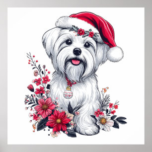 Floral festlicher maltesischer Hund mit Weihnachts Poster