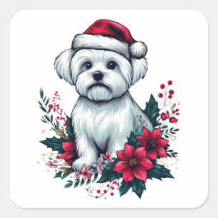 Floral festlicher maltesischer Hund mit Weihnachts Quadratischer Aufkleber