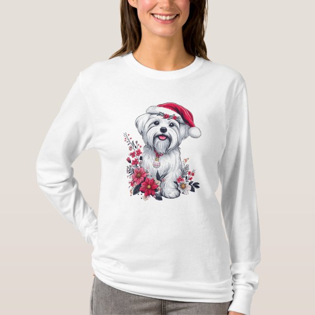 Floral festlicher maltesischer Hund mit Weihnachts T-Shirt (Vorderseite)