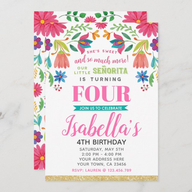 Floral Fiesta 4th Birthday Invitation Einladung (Vorne/Hinten)