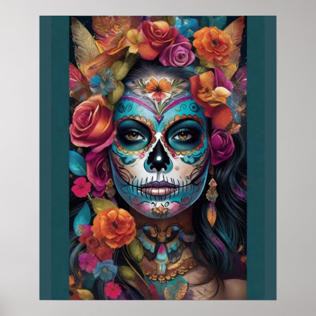 Floral Fiesta: Frauen Embraces Dia de los Muertos Poster (Vorne)