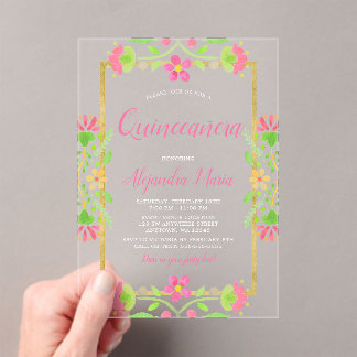 Floral Fiesta Pink Gold Quinceanera Acryleinladungen