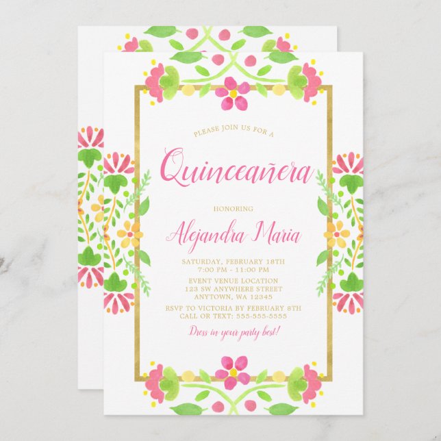 Floral Fiesta White Gold Quinceanera Foto Einladung (Vorne/Hinten)