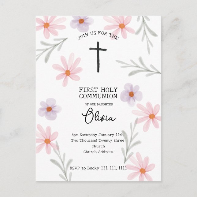 Floral First Communion Girl Postkarte (Vorderseite)