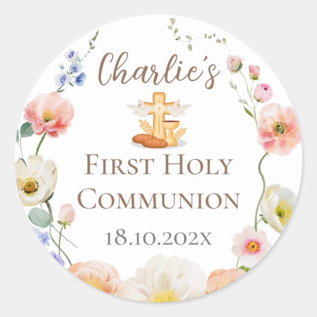 Floral First Communion Stikers Runder Aufkleber (Vorderseite)