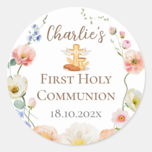 Floral First Communion Stikers Runder Aufkleber