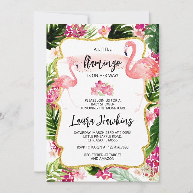 Floral Flamingo Baby Dusche Einladung (Vorderseite)