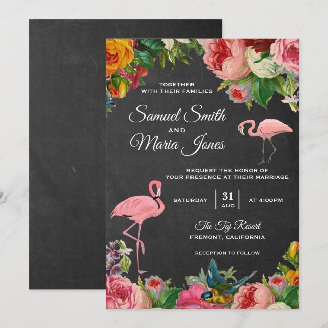 Floral Flamingo Chalkboard Hochzeit Einladung (Vorne/Hinten)
