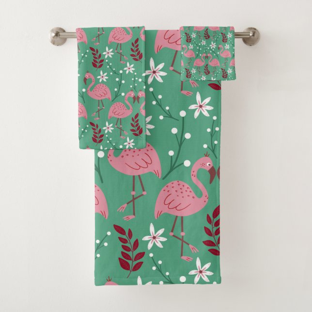 Floral Flamingo nahtloses Muster rosa grün Badhandtuch Set (Insitu)
