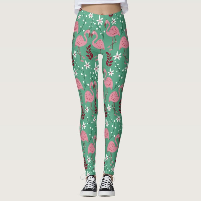Floral Flamingo nahtloses Muster rosa grün Leggings (Vorderseite)