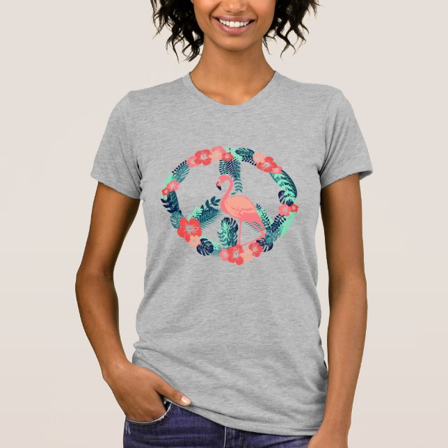Floral Flamingo Peace Sign Niedlich Pink T - Shirt (Vorderseite)