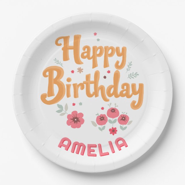 Floral Flowers Happy Birthday Handlettering Pappteller (Vorderseite)
