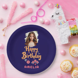 Floral Flowers Happy Birthday Handlettering Photo Pappteller