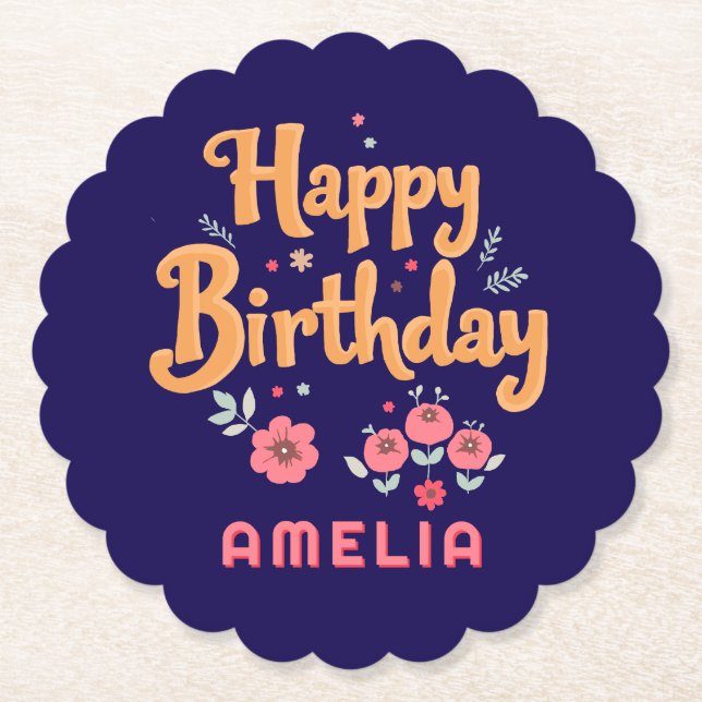 Floral Flowers Happy Birthday Handlettering Untersetzer (Vorderseite)
