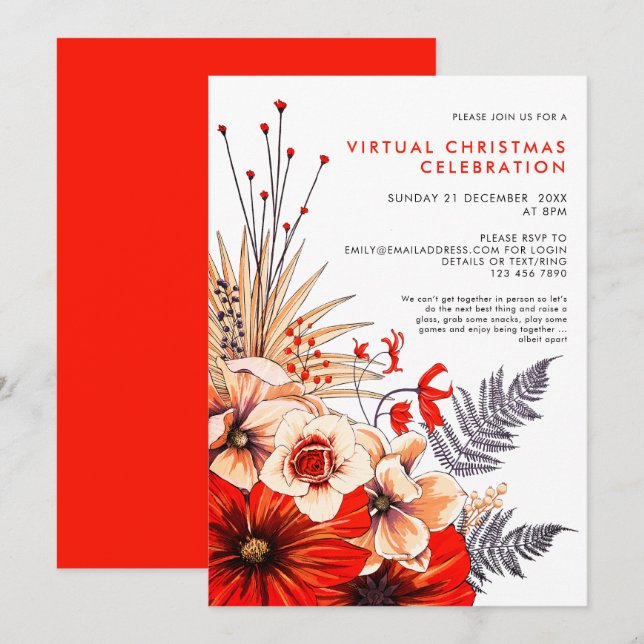 Floral Foliage Berries Virtual Christmas Party Einladung (Vorne/Hinten)