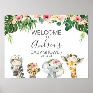 Floral Foliage Safari Animals Baby Dusche Willkomm Poster