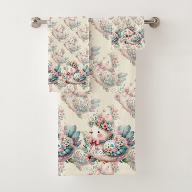 Floral Folk Bird mit Pastel Boho Charm Badhandtuch Set (Insitu)