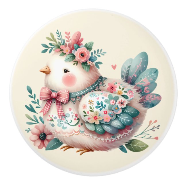 Floral Folk Bird mit Pastel Boho Charm Keramikknauf (Vorderseite)