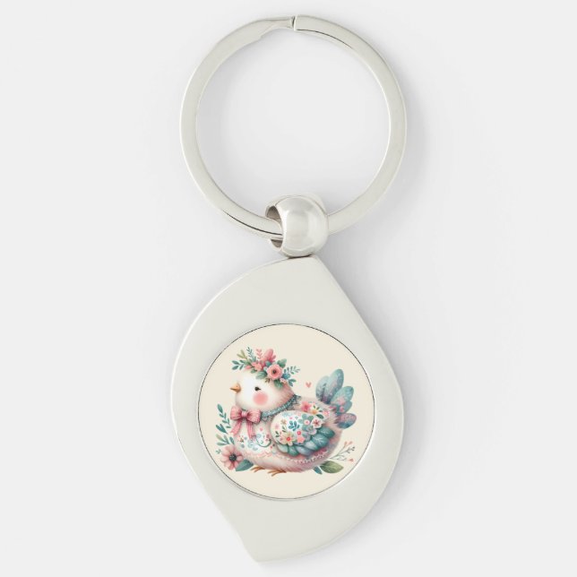 Floral Folk Bird mit Pastel Boho Charm Schlüsselanhänger (Vorderseite)