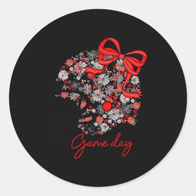 Floral Football Game Day Girly Team Srit Black Red Runder Aufkleber (Vorderseite)