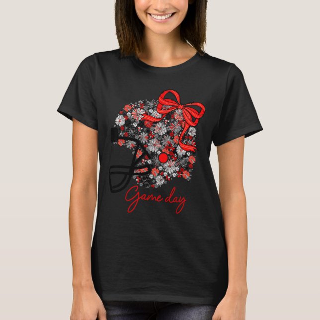 Floral Football Game Day Girly Team Srit Black Red T-Shirt (Vorderseite)