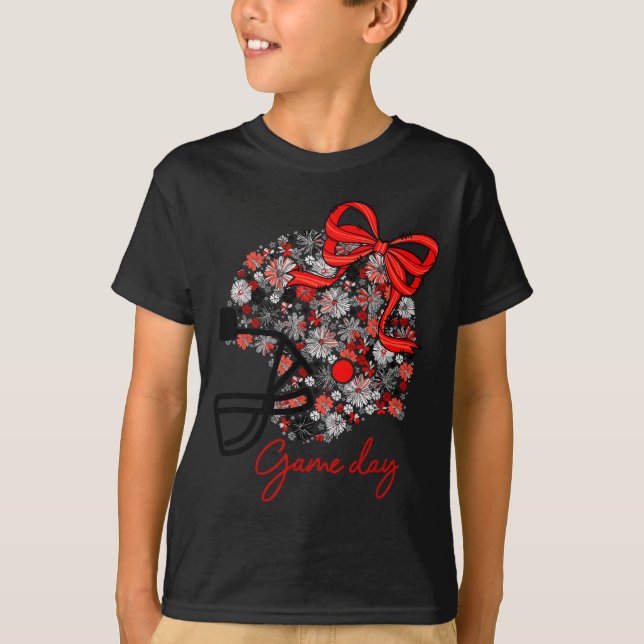 Floral Football Game Day Girly Team Srit Black Red T-Shirt (Vorderseite)