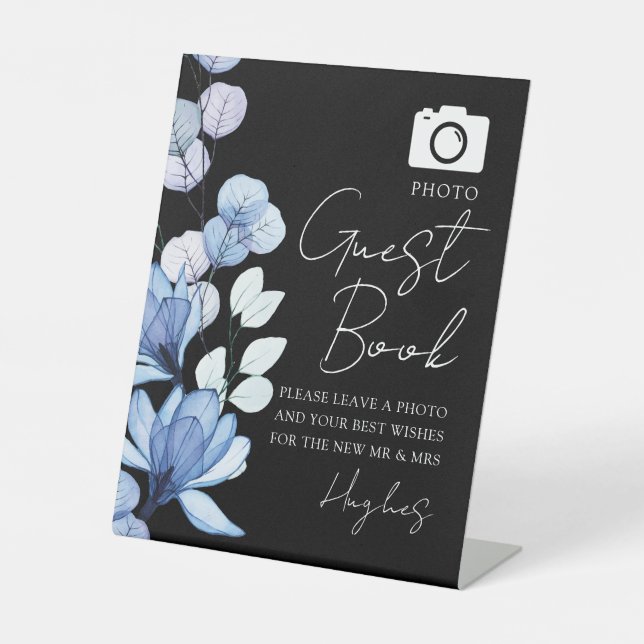 Floral Foto Gästebuch Schwarz/Weiß Hochzeit Sockelschild (Vorderseite)