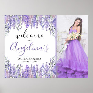 Floral Foto Lila Quinceanera Begrüßungszeichen Poster