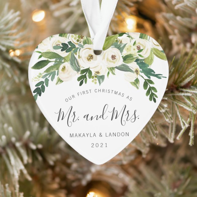 Floral Foto Neuvermählt Unsere ersten Weihnachten Ornament (Baum)