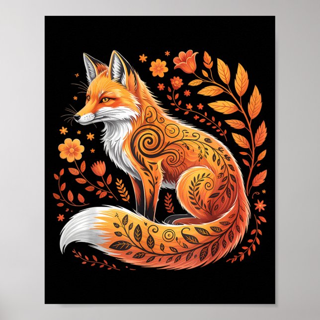 Floral Fox Flowers Art Fox In Autumn - Fall Fox  Poster (Vorne)
