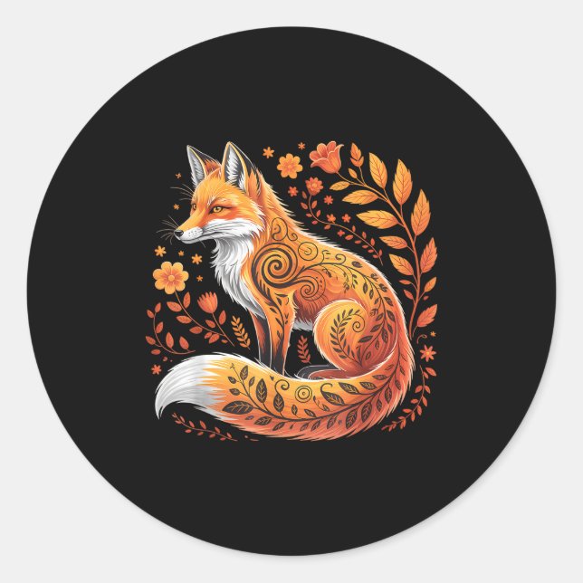 Floral Fox Flowers Art Fox In Autumn - Fall Fox  Runder Aufkleber (Vorderseite)
