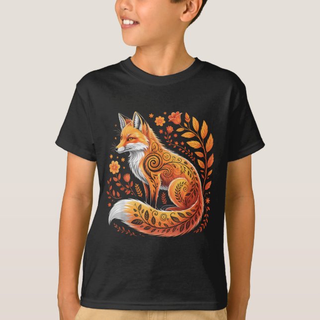 Floral Fox Flowers Art Fox In Autumn - Fall Fox  T-Shirt (Vorderseite)