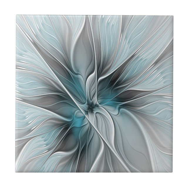 Floral Fractal Modern Abstract Flower Blue Gray Fliese (Vorderseite)