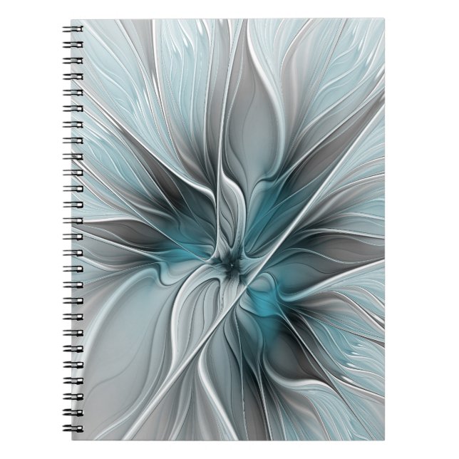 Floral Fractal Modern Abstract Flower Blue Gray Notizblock (Vorderseite)