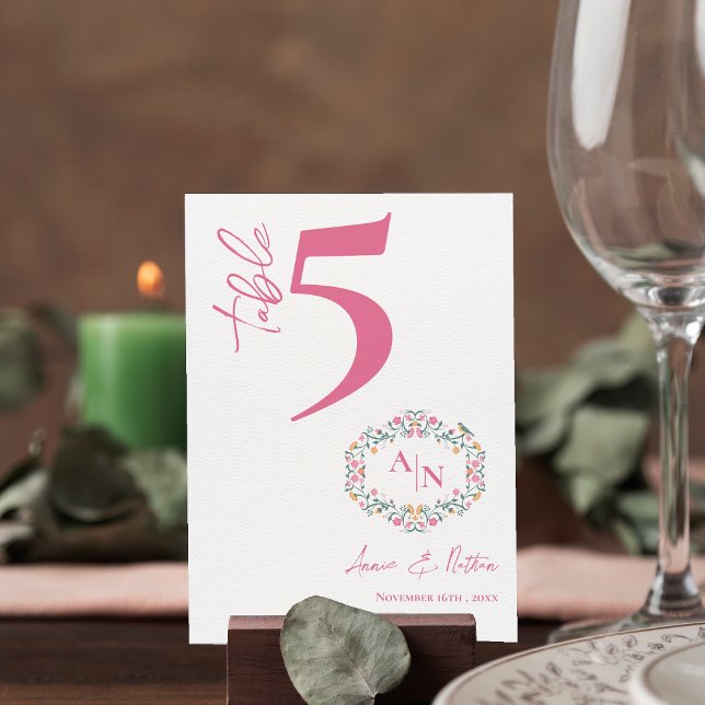 Floral Frame Chic Monogram Wedding Tischnummer (Floral Frame Chic Monogram Wedding Table Number)