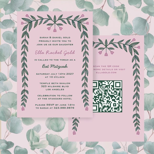 Floral Frame Custom QR Code Bat Mitzvah Girl Einladung (Floral Frame Custom QR Code Bat Mitzvah Girl Invitation
)