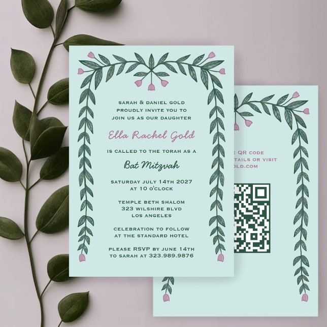 Floral Frame Custom QR Code Bat Mitzvah Girl Einladung (Floral Frame Custom QR Code Bat Mitzvah Girl Invitation
)