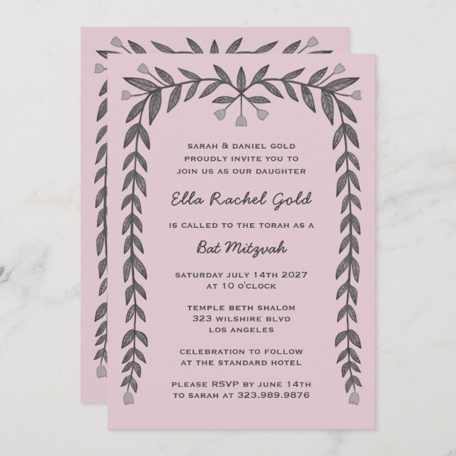 Floral Frame Custom QR Code Moderne BarBat Mitzvah Einladung (Vorne/Hinten)