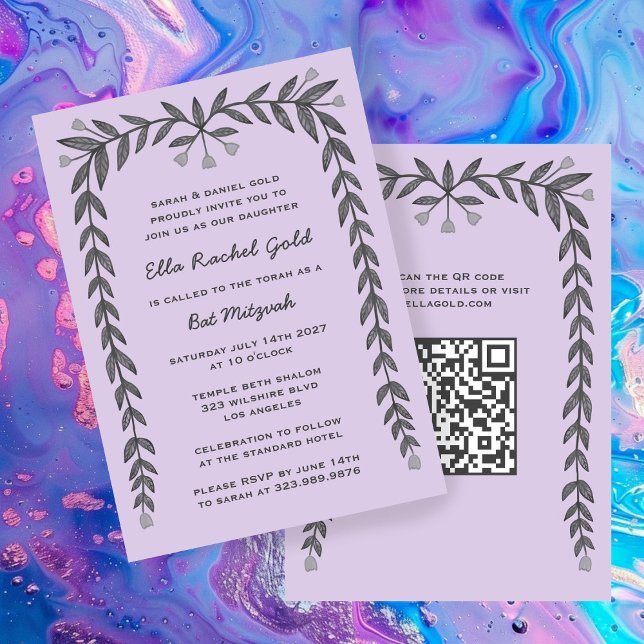 Floral Frame Custom QR Code Moderne BarBat Mitzvah Einladung (Floral Frame Custom QR Code Modern BarBat Mitzvah Invitation
)