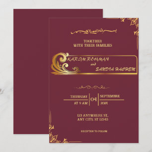 Floral Frame Plum und Gold Islamische Hochzeit Einladung