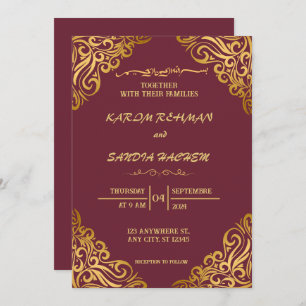 Floral Frame Plum und Gold Islamische Hochzeit Einladung
