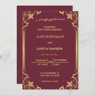 Floral Frame Plum und Gold Islamische Hochzeit Einladung