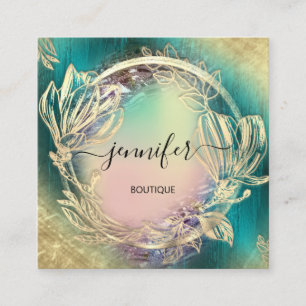 Floral Frame QR Code Logo Aquamarine Rose Gold Quadratische Visitenkarte