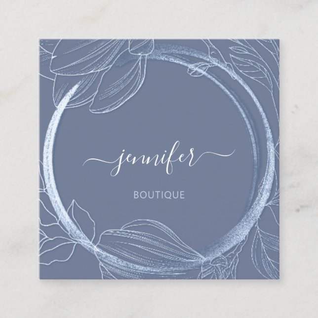 Floral Frame QR Code Logo Blue Smoky Royal Quadratische Visitenkarte (Vorderseite)