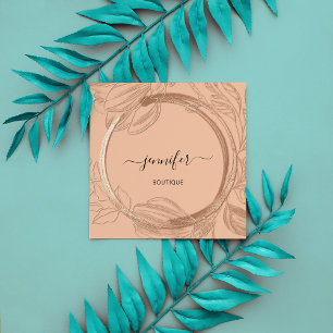 Floral Frame QR-Code Logo Braunes Gold Peach Lachs Quadratische Visitenkarte