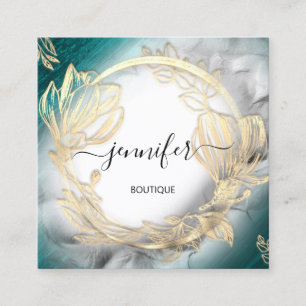 Floral Frame QR Code Logo Gold Aquamarin Grau Quadratische Visitenkarte