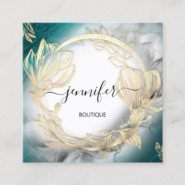 Floral Frame QR Code Logo Gold Aquamarin Grau Quadratische Visitenkarte (Vorderseite)